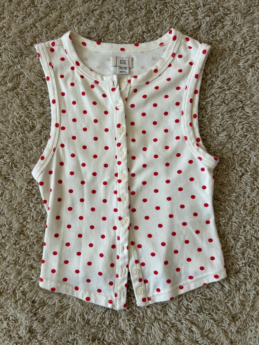 BDG Button-Front SleevelessTop - Ivory with Red Polka Dots Size XS